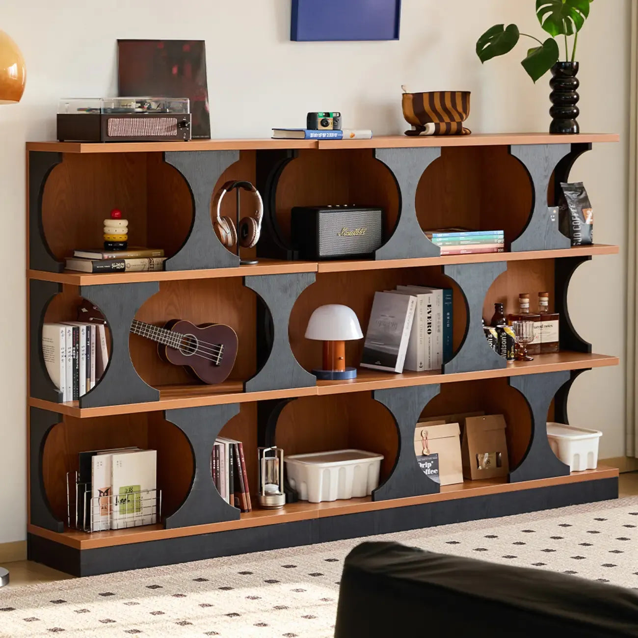 Libreria moderna geometrica a 3 ripiani rettangolare in legno nera