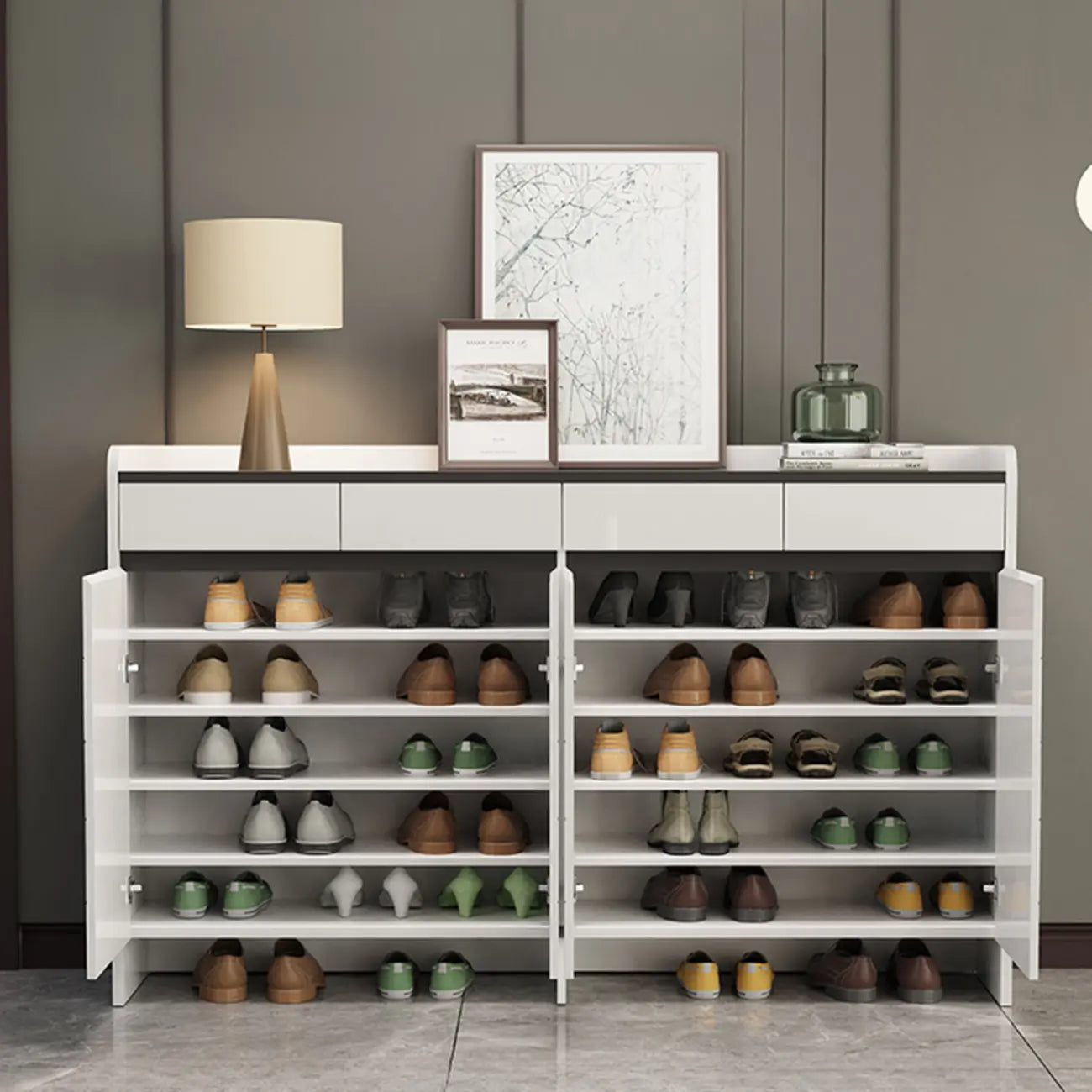 Meuble à chaussures robuste et moderne en faux bois blanc avec tiroirs