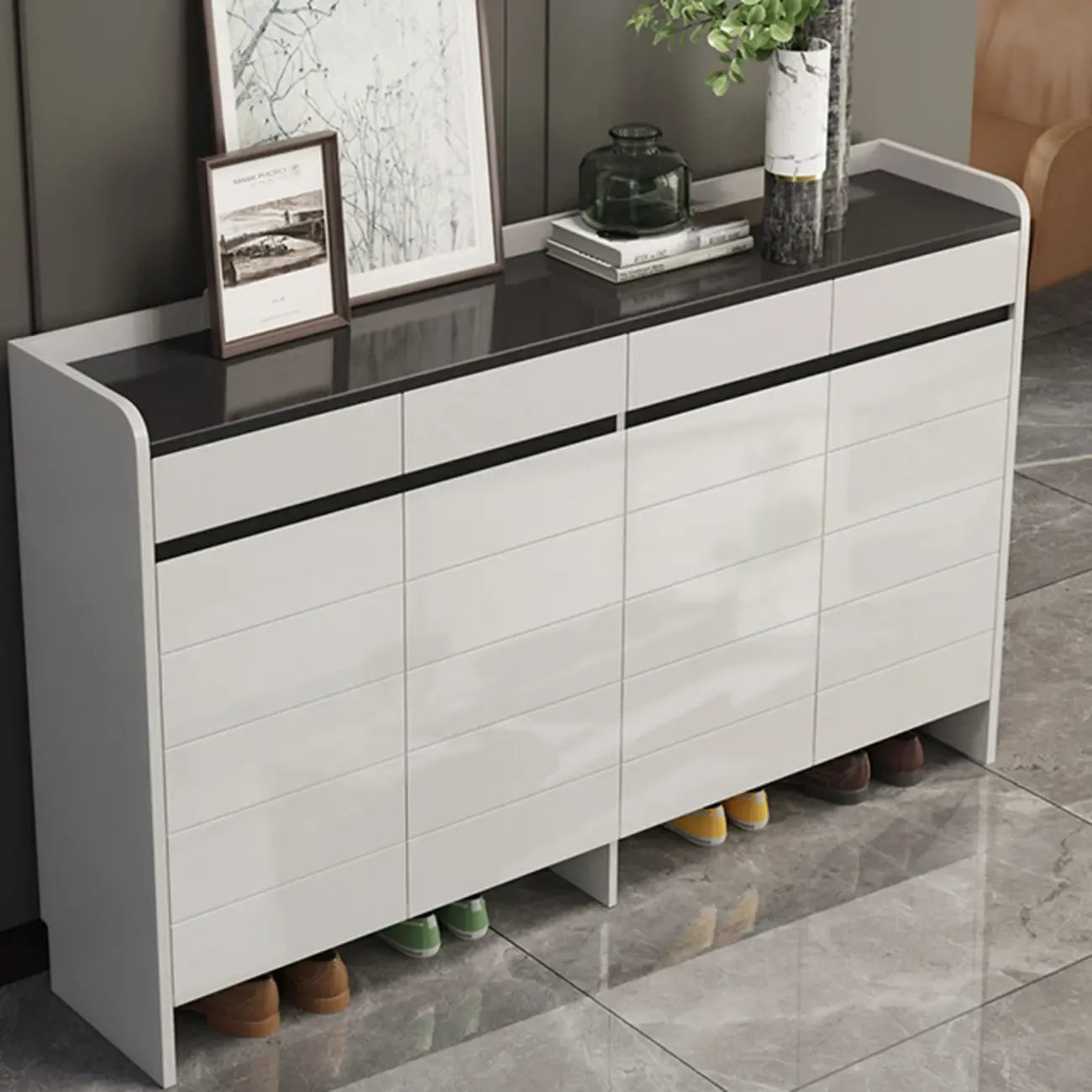 Meuble à chaussures robuste et moderne en faux bois blanc avec tiroirs