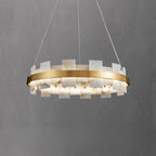Lustre géométrique à un niveau en pierre, or et blanc, avec éclairage LED.