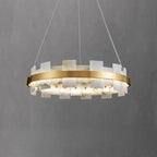 Lustre géométrique à un niveau en pierre, or et blanc, avec éclairage LED.