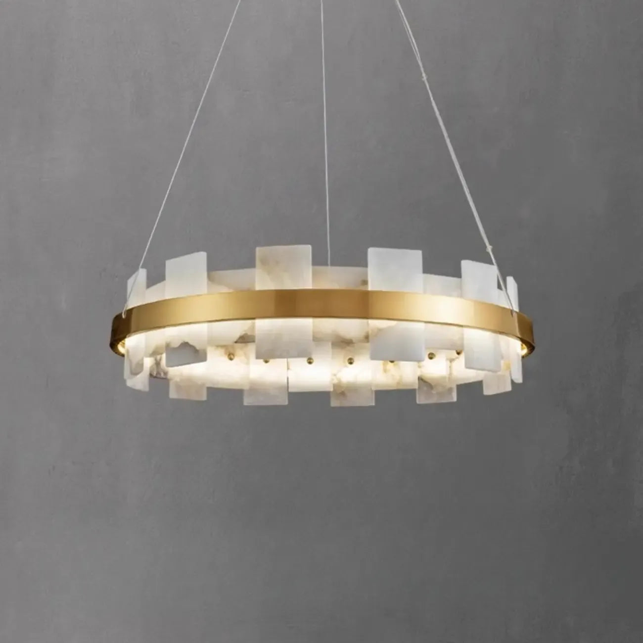 Lustre géométrique à un niveau en pierre, or et blanc, avec éclairage LED.