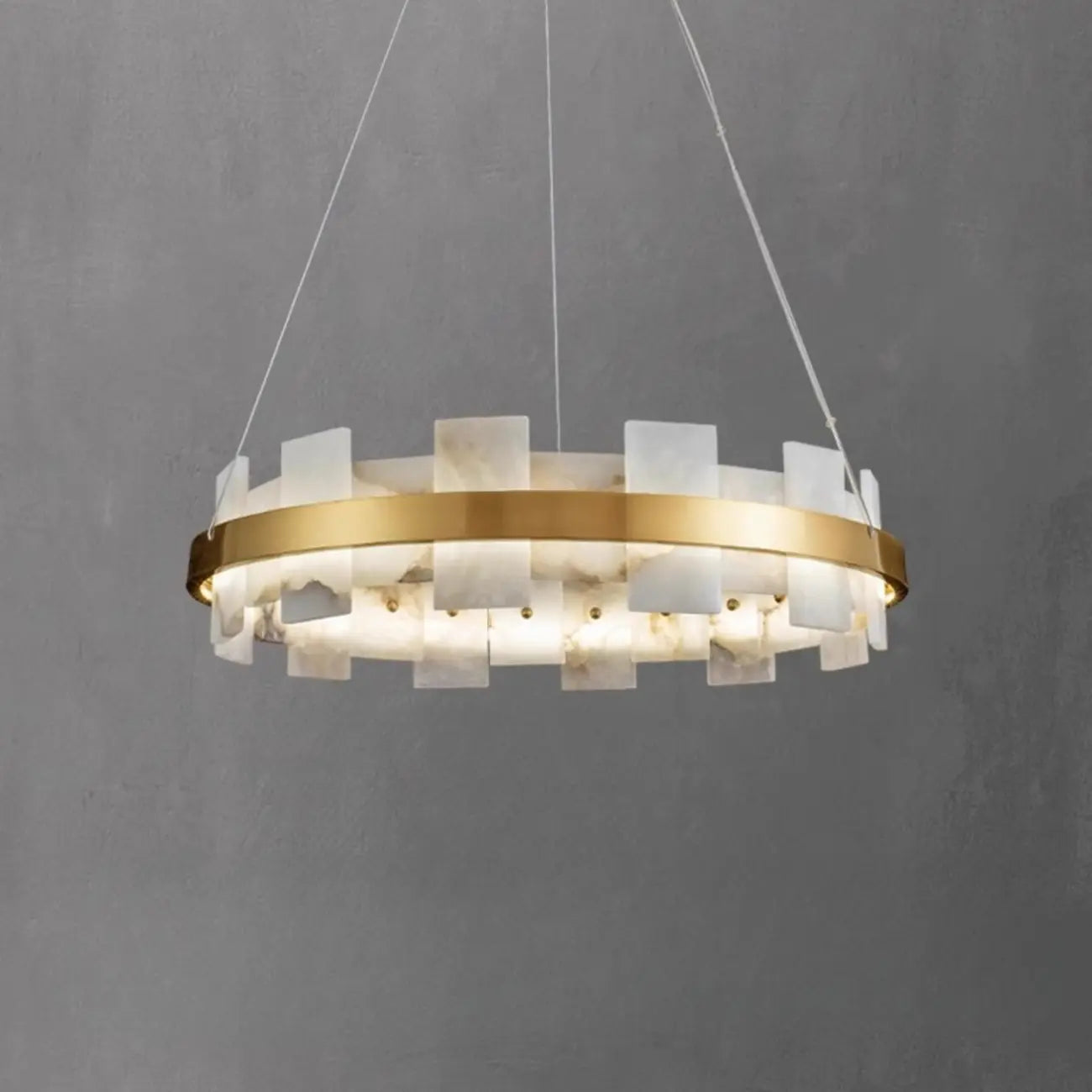 Lustre géométrique à un niveau en pierre, or et blanc, avec éclairage LED.