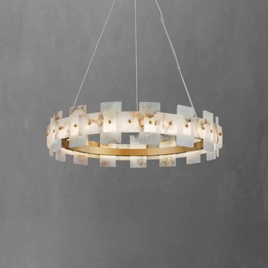 Lustre géométrique à un niveau en pierre, or et blanc, avec éclairage LED.