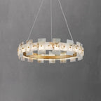 Lustre géométrique à un niveau en pierre, or et blanc, avec éclairage LED.