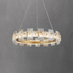 Lustre géométrique à un niveau en pierre, or et blanc, avec éclairage LED.