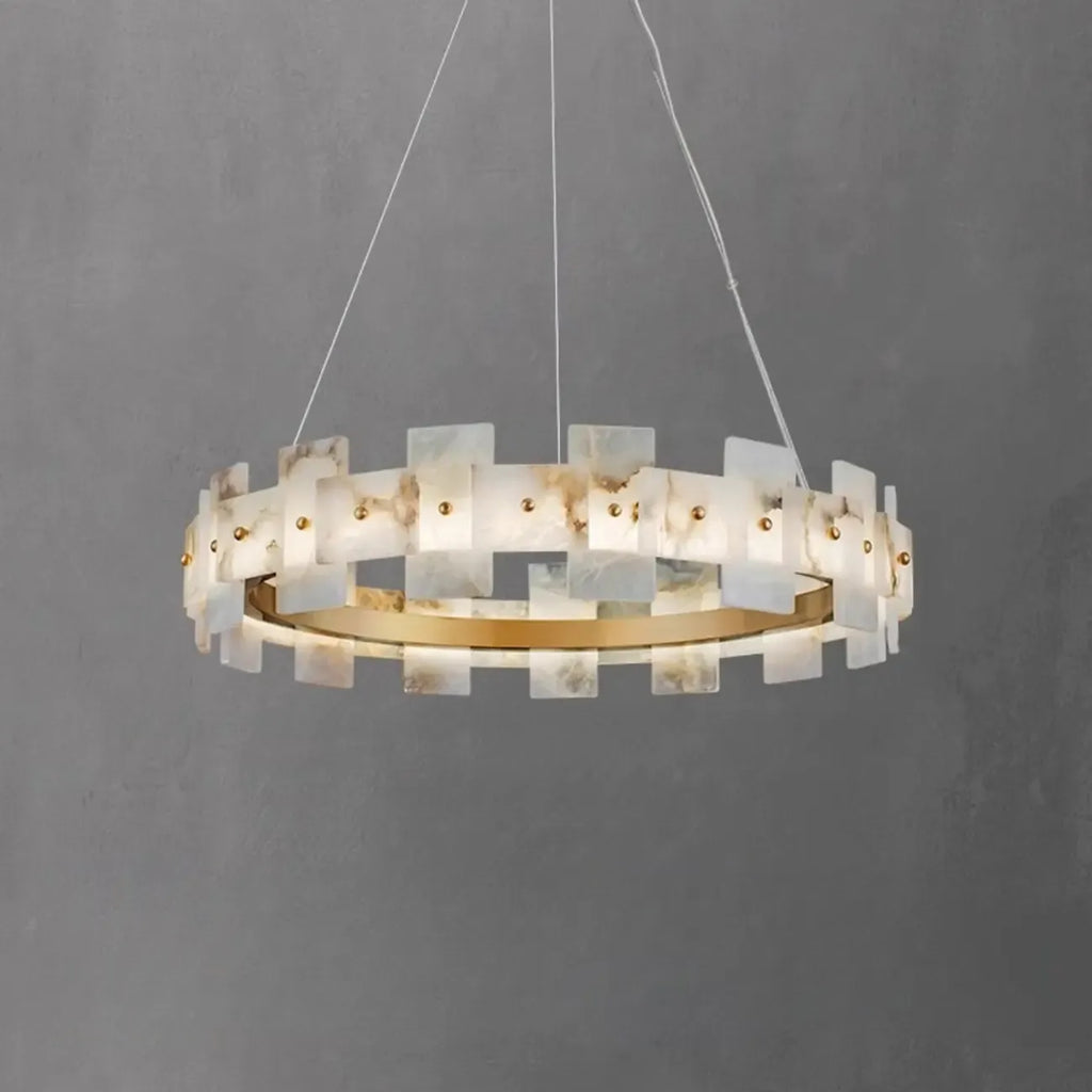 Lustre géométrique à un niveau en pierre, or et blanc, avec éclairage LED.