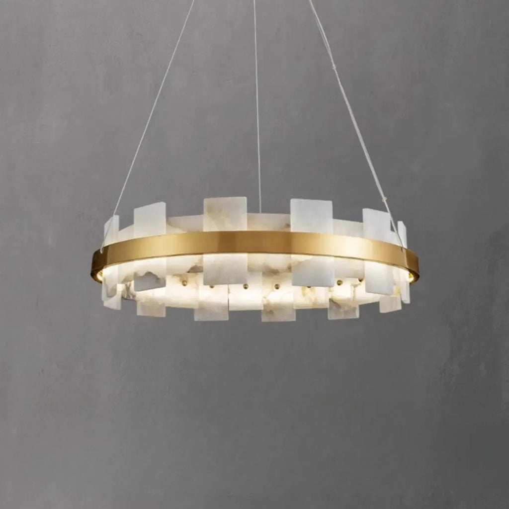 Lustre géométrique à un niveau en pierre, or et blanc, avec éclairage LED.