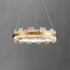 Lustre géométrique à un niveau en pierre, or et blanc, avec éclairage LED.