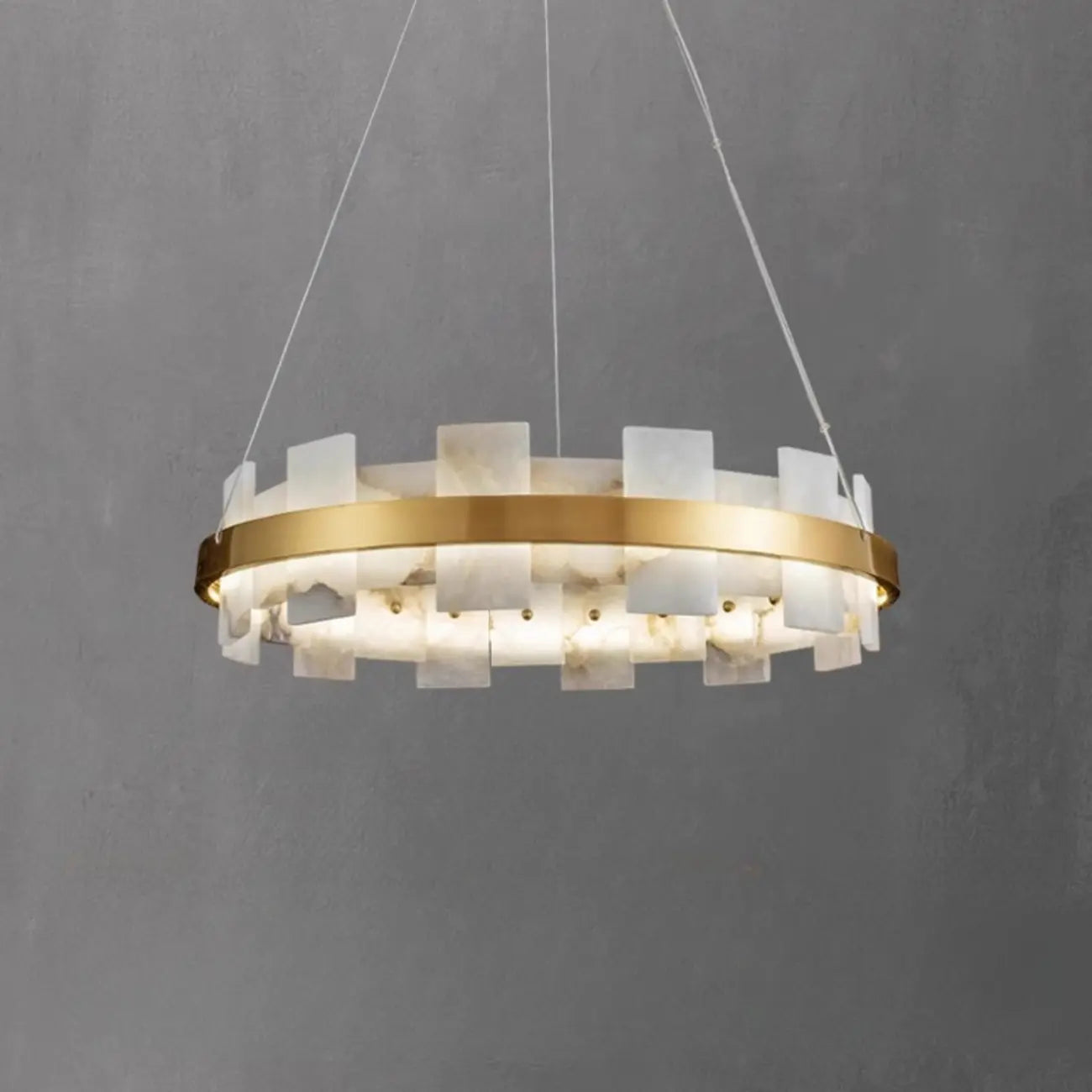 Lustre géométrique à un niveau en pierre, or et blanc, avec éclairage LED.