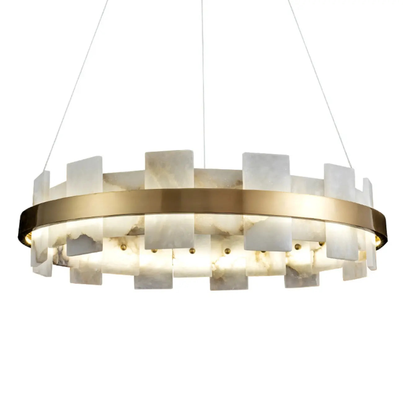 Lustre géométrique à un niveau en pierre, or et blanc, avec éclairage LED.