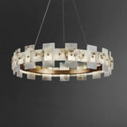 Lustre géométrique à un niveau en pierre, or et blanc, avec éclairage LED.