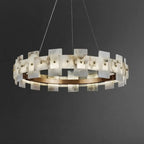 Lustre géométrique à un niveau en pierre, or et blanc, avec éclairage LED.