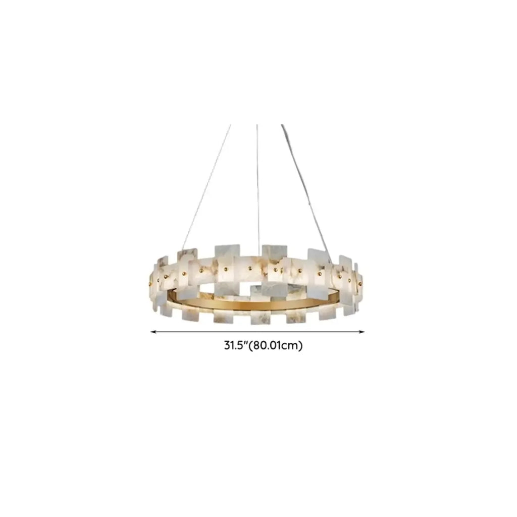 Lustre géométrique à un niveau en pierre, or et blanc, avec éclairage LED.
