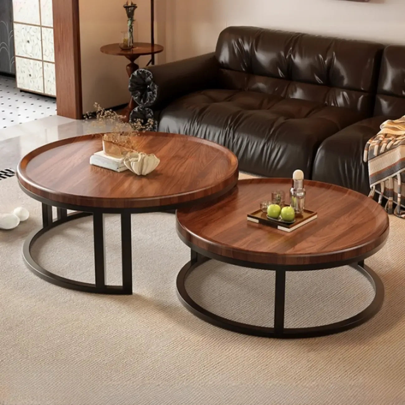 Table basse ronde moderne en ardoise, verre et structure en acier