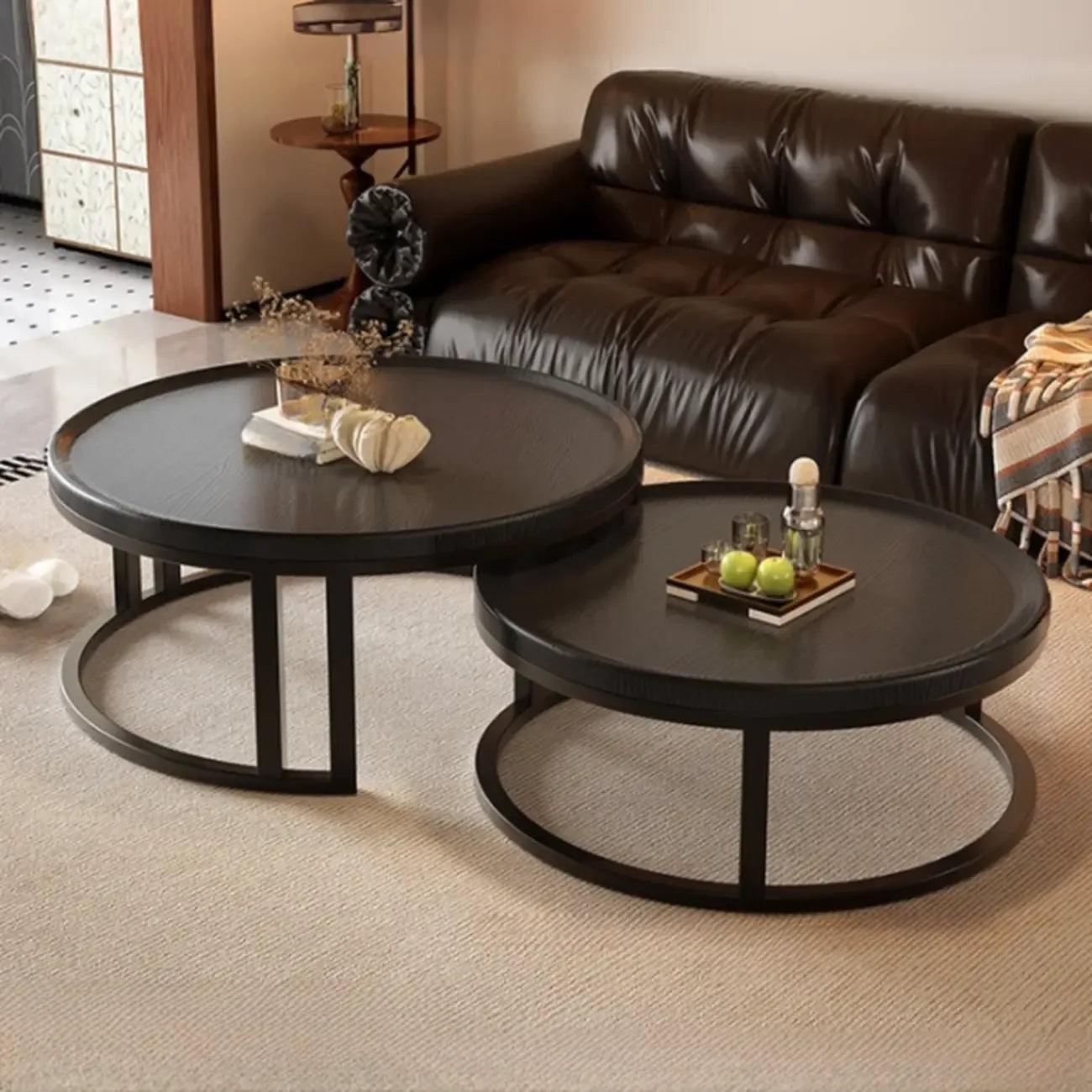 Table basse ronde moderne en ardoise, verre et structure en acier