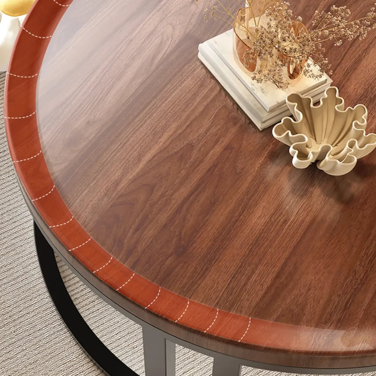 Table basse ronde moderne en ardoise, verre et structure en acier