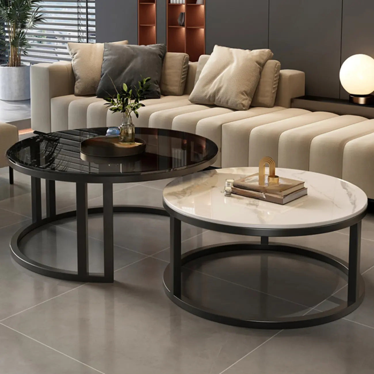 Table basse ronde moderne en ardoise, verre et structure en acier