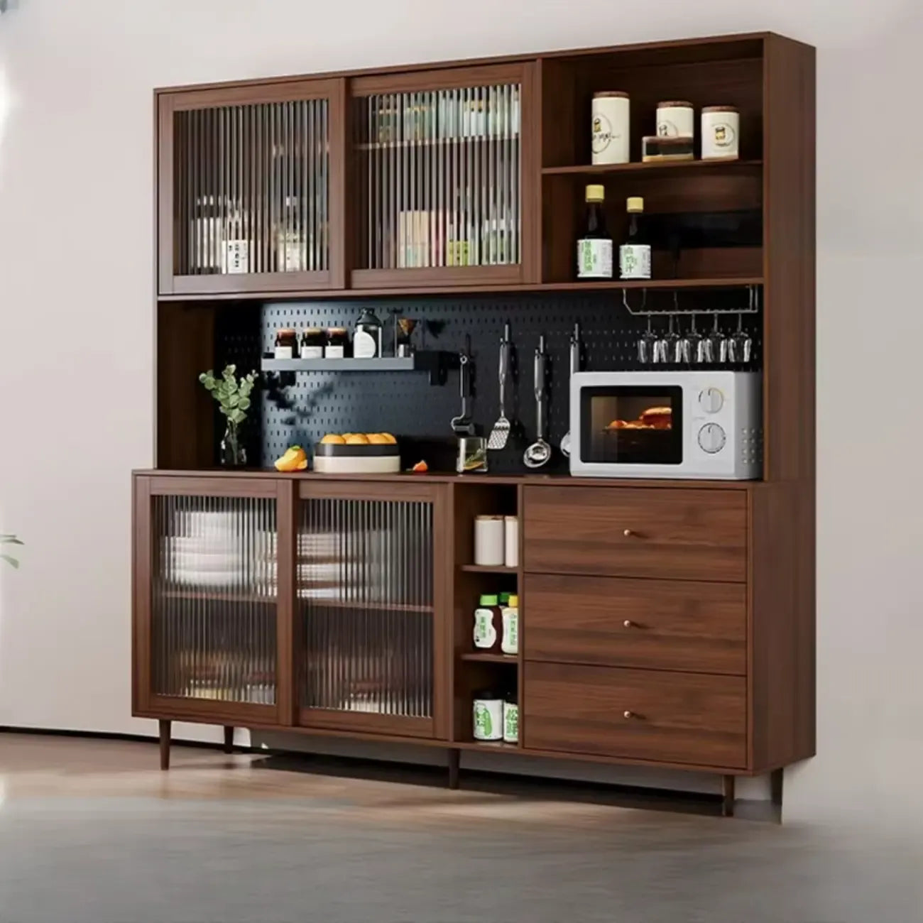 Madia da Cucina con 3 Cassetti e Anta in Vetro Scanalato
