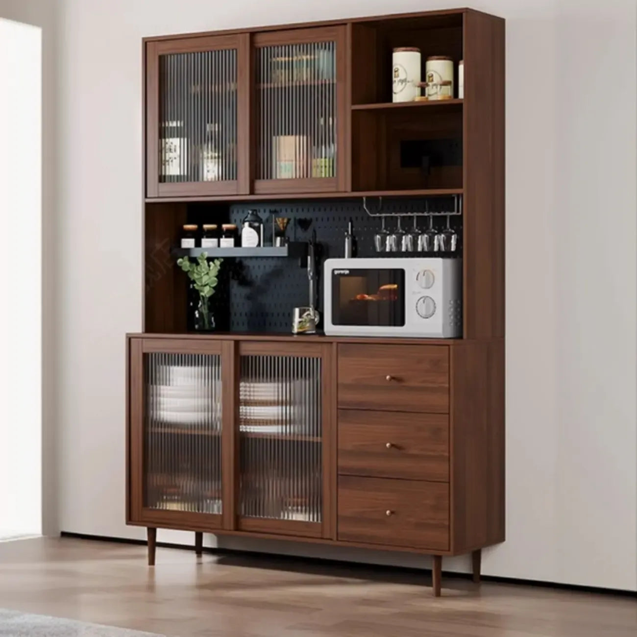Madia da Cucina con 3 Cassetti e Anta in Vetro Scanalato