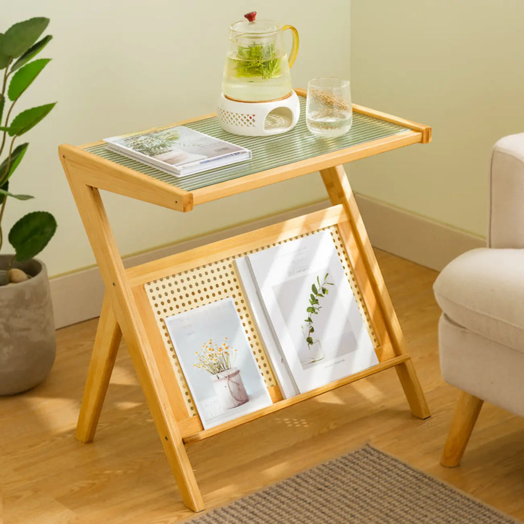 Table d'appoint pliable moderne en verre et bois avec étagère