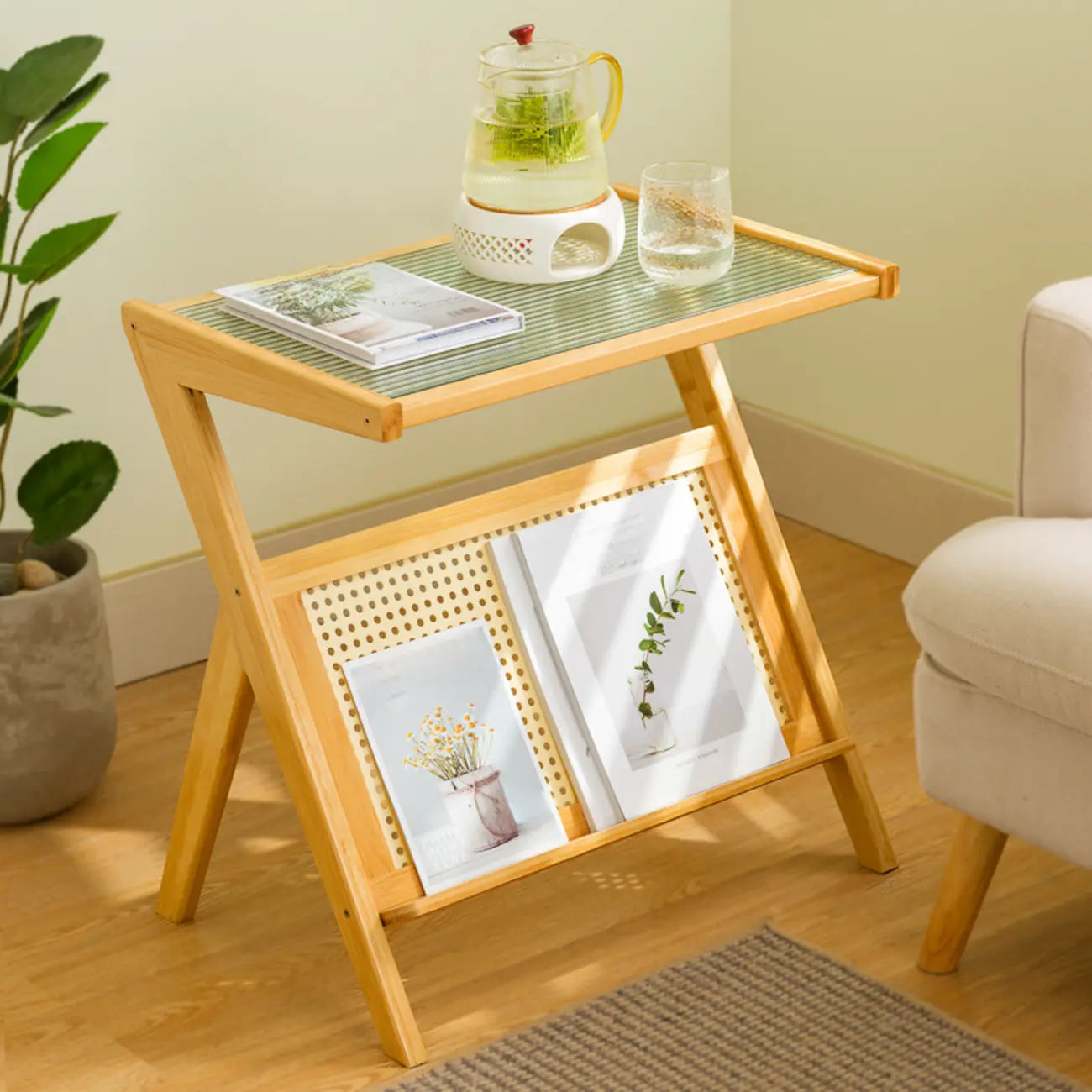 Table d'appoint pliable moderne en verre et bois avec étagère