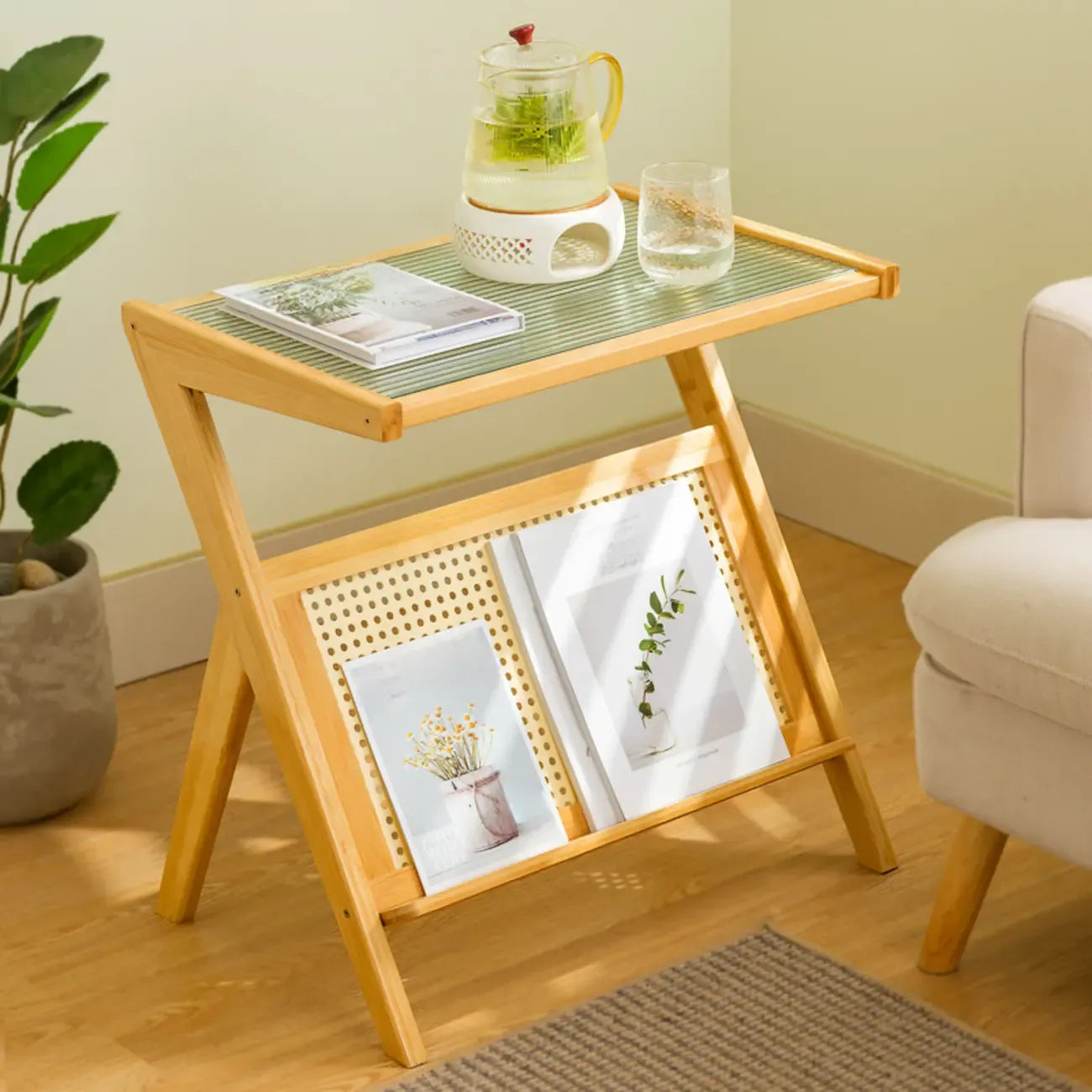 Table d'appoint pliable moderne en verre et bois avec étagère