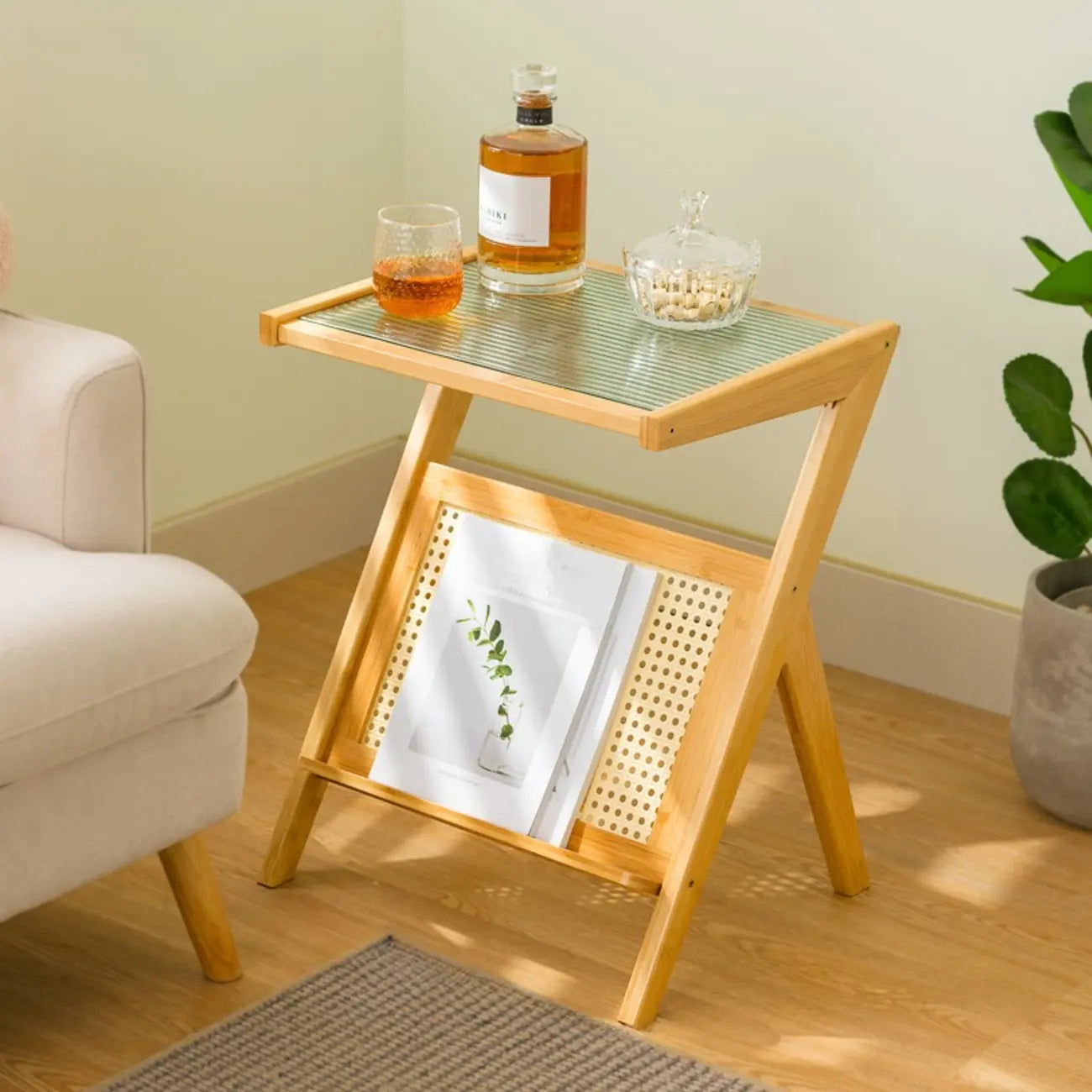Table d'appoint pliable moderne en verre et bois avec étagère