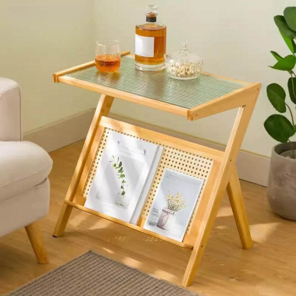 Table d'appoint pliable moderne en verre et bois avec étagère