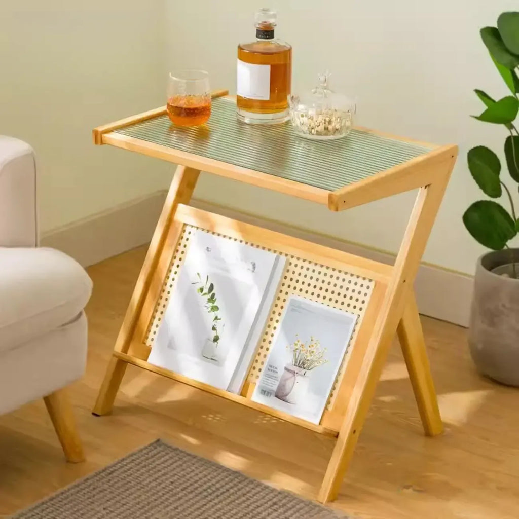 Table d'appoint pliable moderne en verre et bois avec étagère