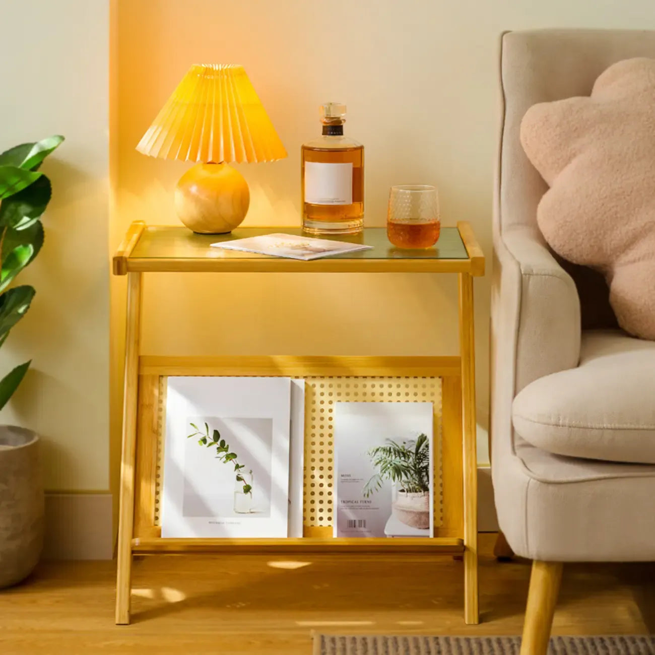 Table d'appoint pliable moderne en verre et bois avec étagère