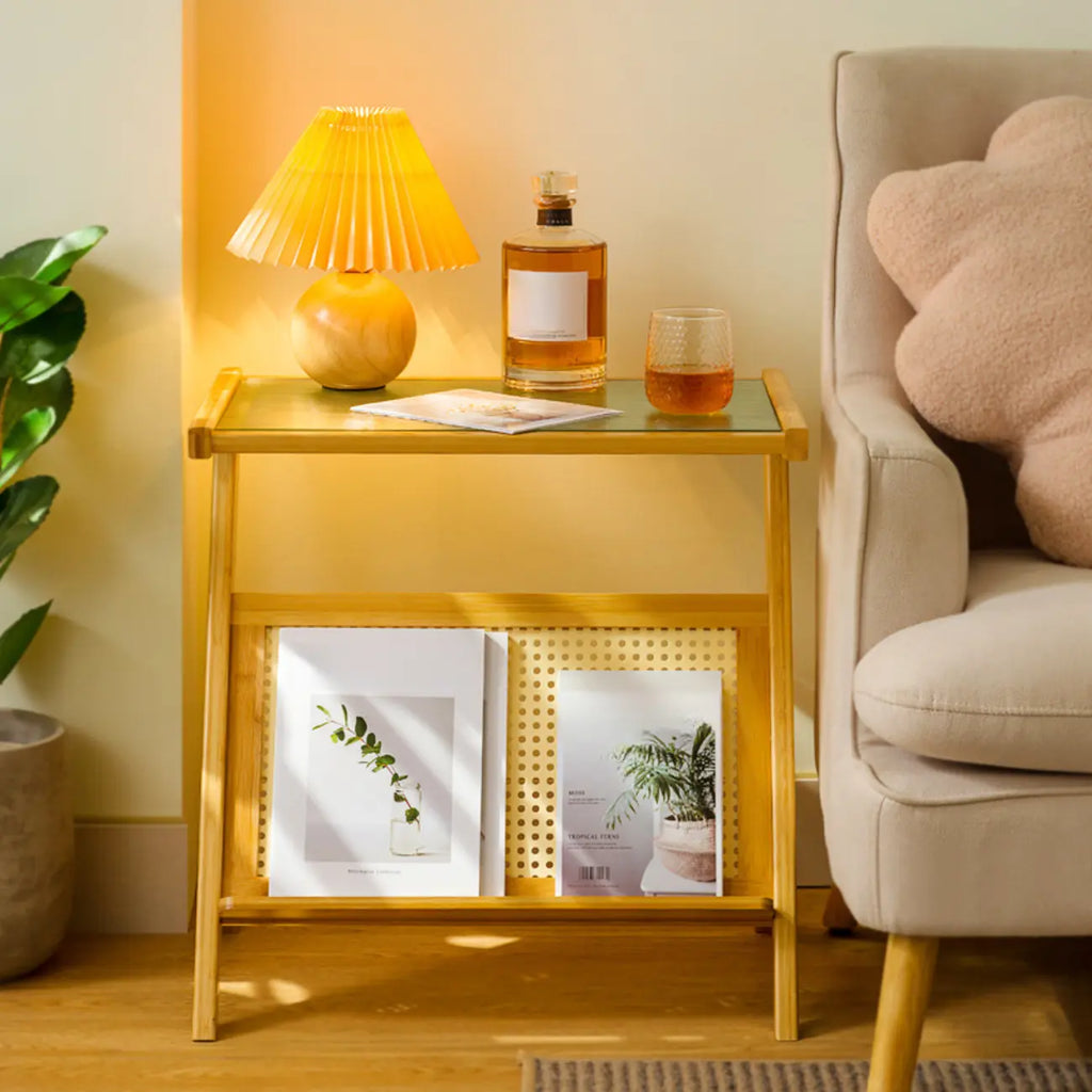 Table d'appoint pliable moderne en verre et bois avec étagère