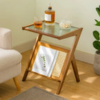 Table d'appoint pliable moderne en verre et bois avec étagère