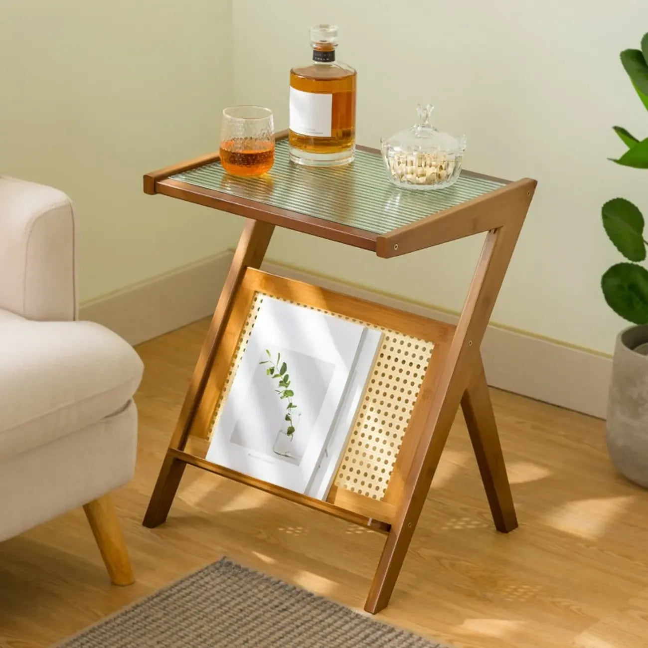 Table d'appoint pliable moderne en verre et bois avec étagère