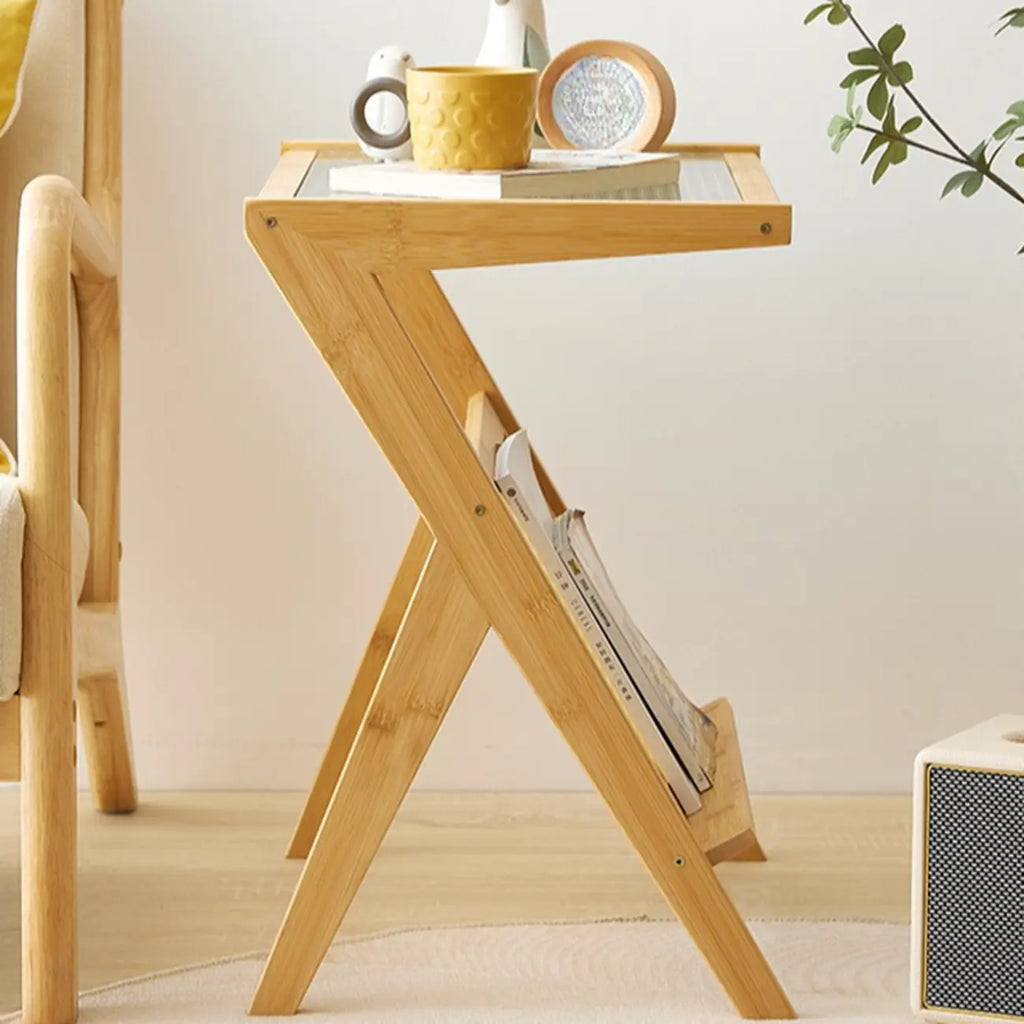 Table d'appoint pliable moderne en verre et bois avec étagère