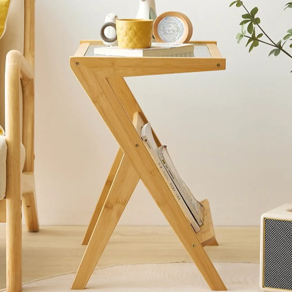 Table d'appoint pliable moderne en verre et bois avec étagère