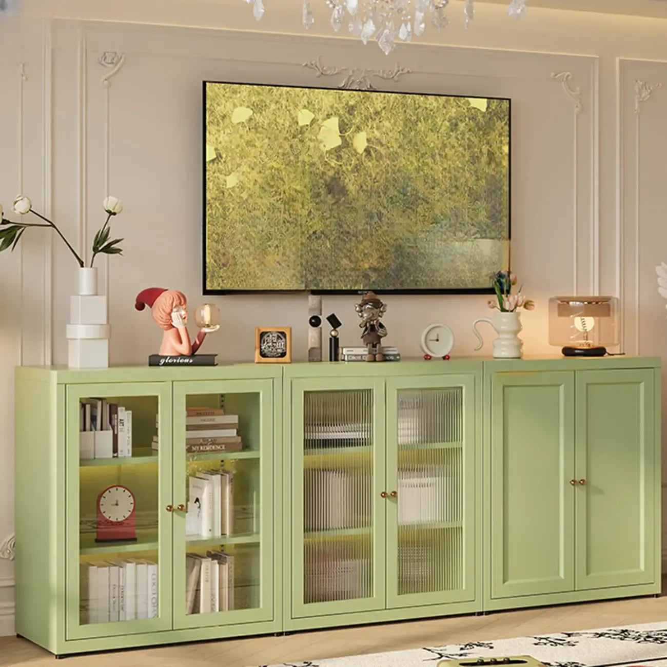 Bibliothèque moderne à trois étagères avec porte en verre et cadre en acier vert