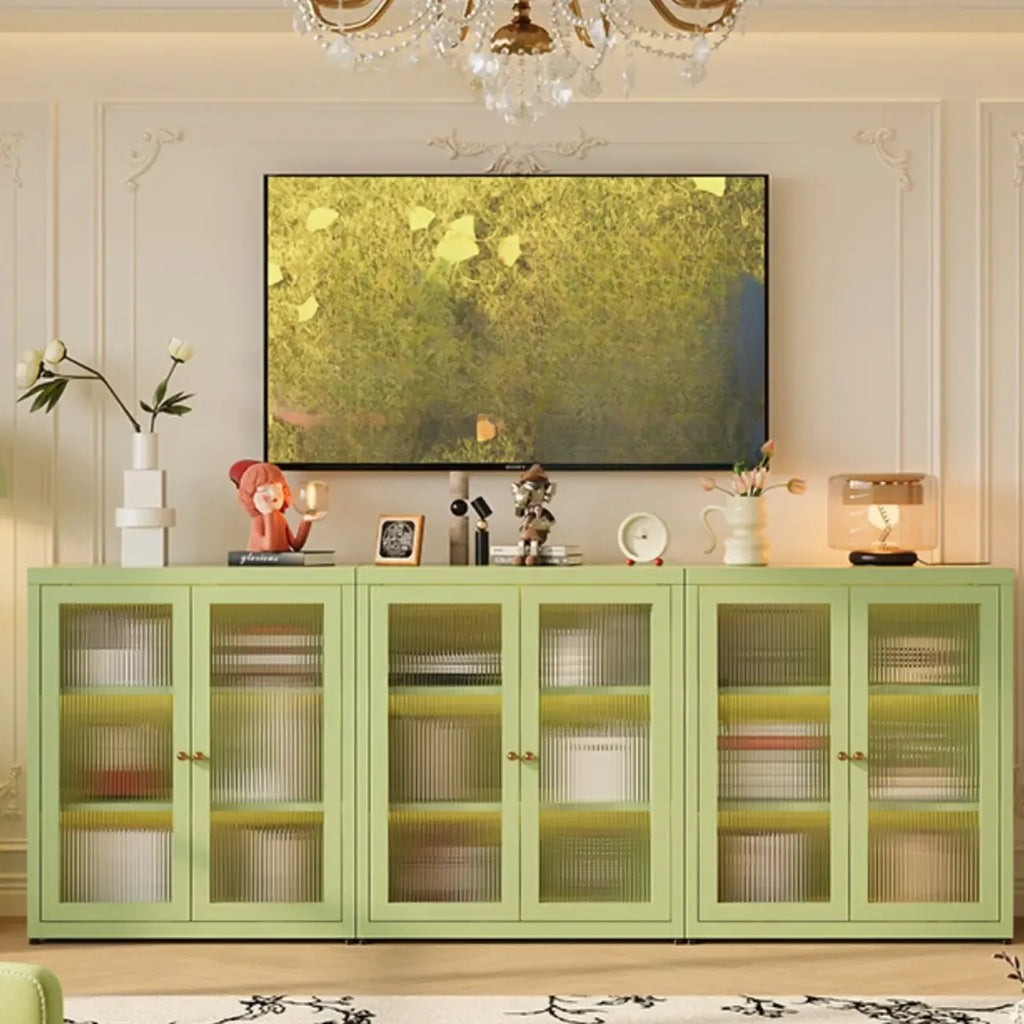 Bibliothèque moderne à trois étagères avec porte en verre et cadre en acier vert