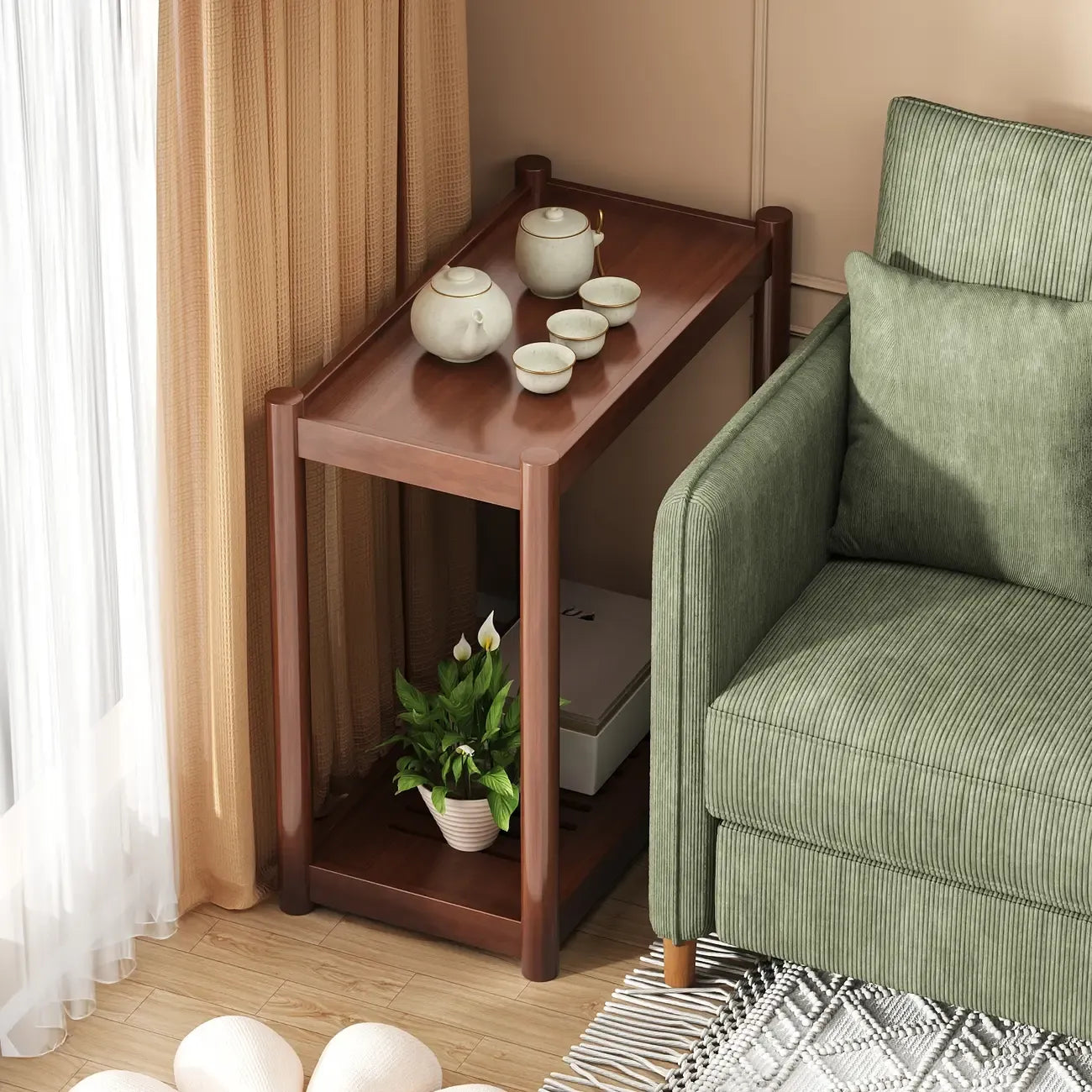 Table d'appoint minimaliste en bois marron à deux niveaux avec plateau et roulettes