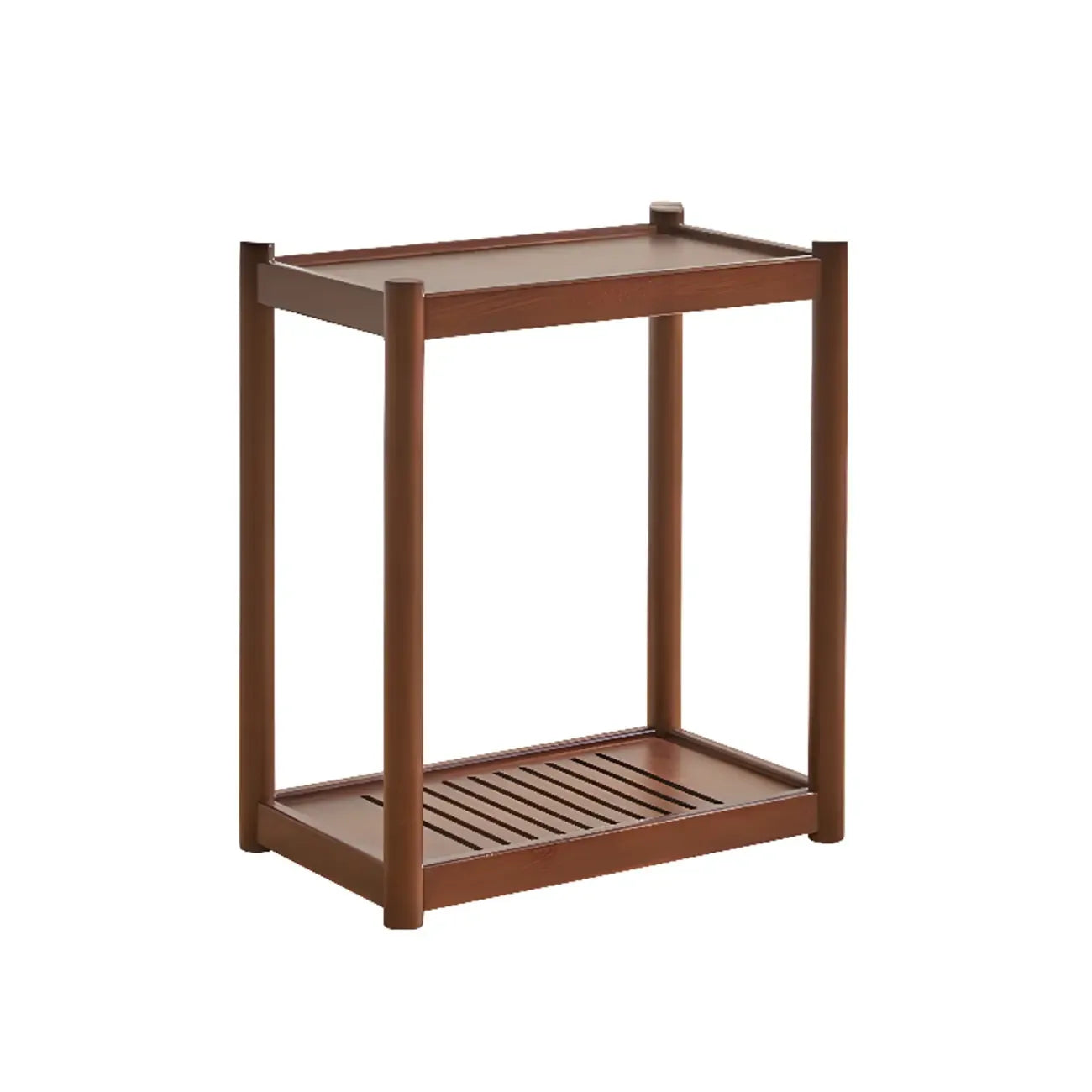 Table d'appoint minimaliste en bois marron à deux niveaux avec plateau et roulettes