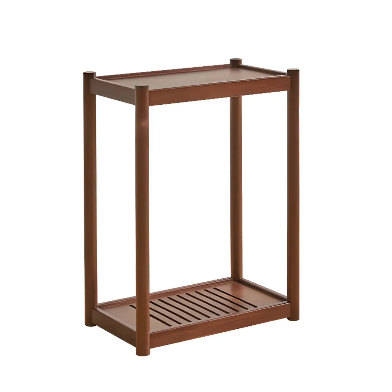 Table d'appoint minimaliste en bois marron à deux niveaux avec plateau et roulettes