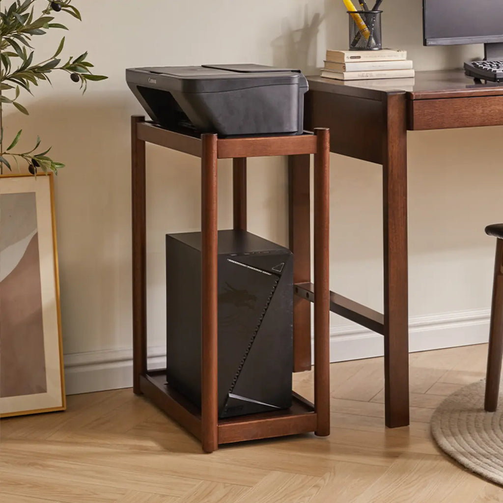 Table d'appoint minimaliste en bois marron à deux niveaux avec plateau et roulettes