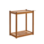 Table d'appoint minimaliste en bois marron à deux niveaux avec plateau et roulettes