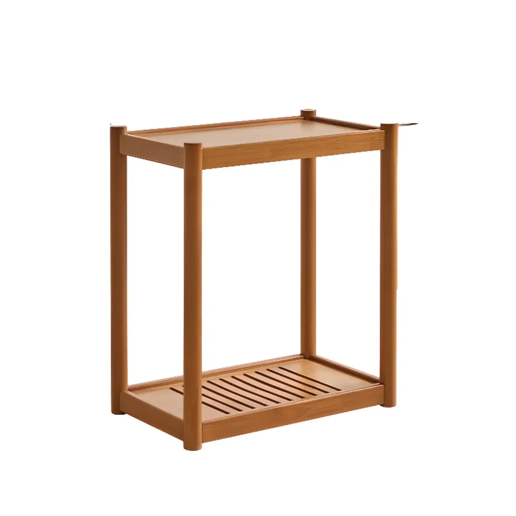 Table d'appoint minimaliste en bois marron à deux niveaux avec plateau et roulettes