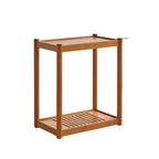 Table d'appoint minimaliste en bois marron à deux niveaux avec plateau et roulettes