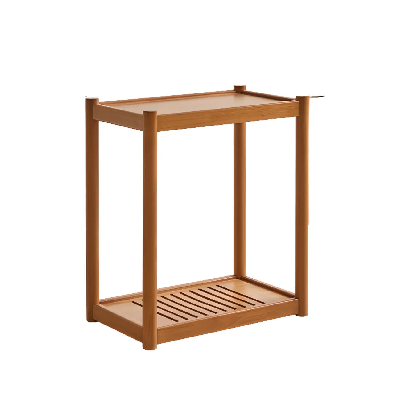 Table d'appoint minimaliste en bois marron à deux niveaux avec plateau et roulettes
