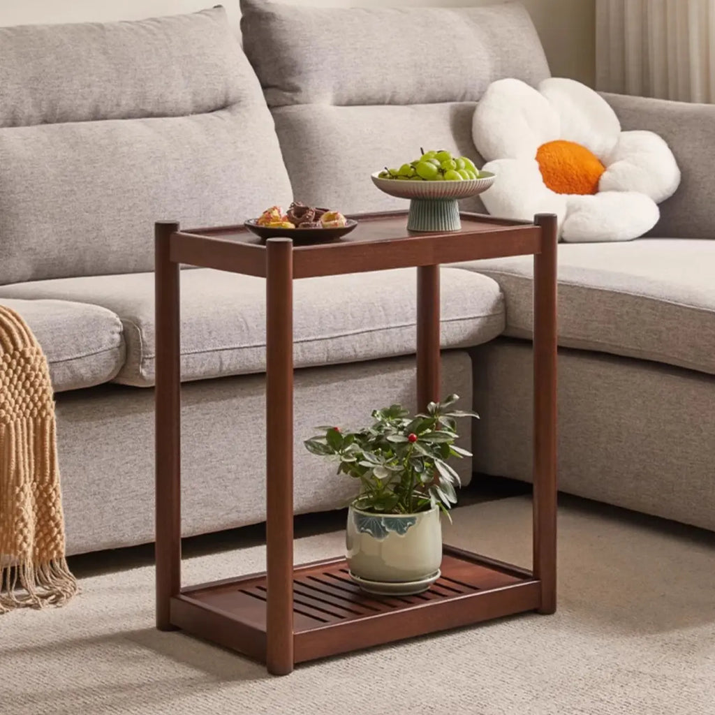 Table d'appoint minimaliste en bois marron à deux niveaux avec plateau et roulettes