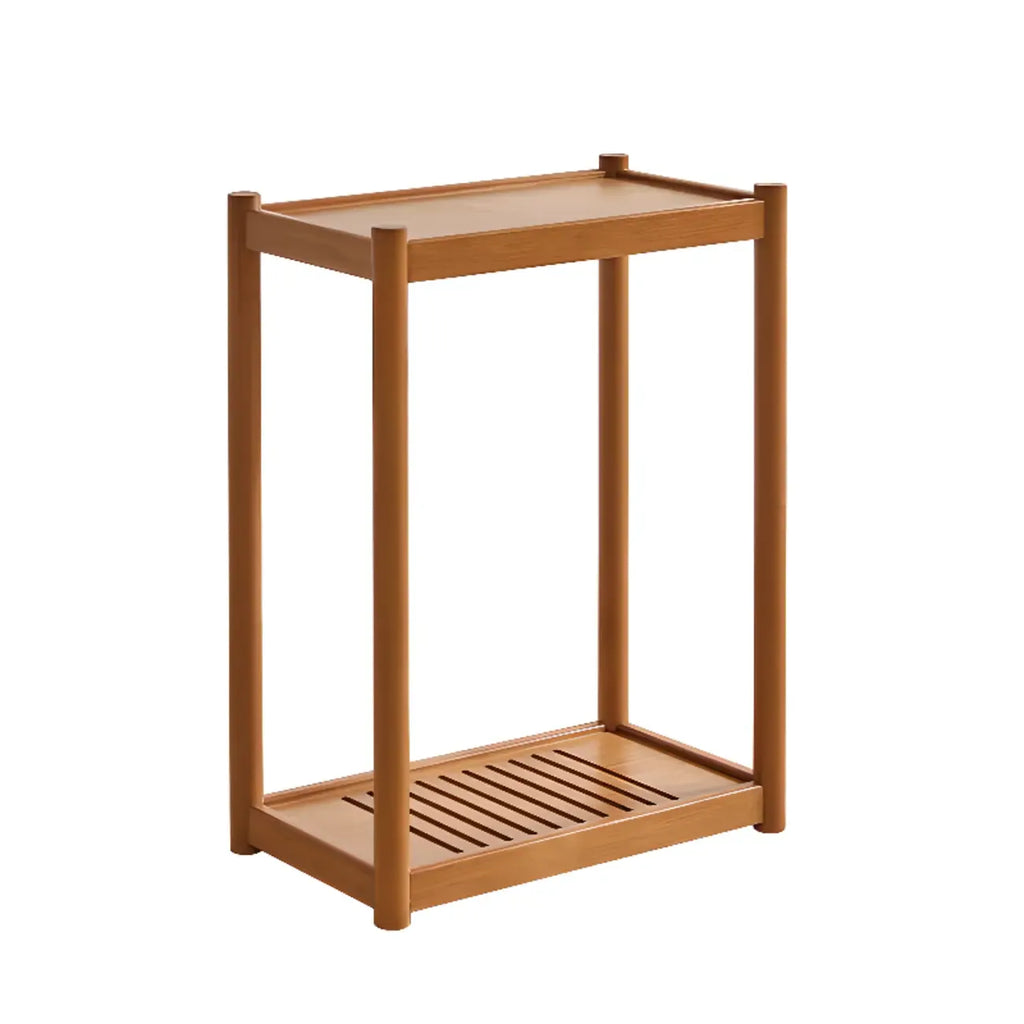 Table d'appoint minimaliste en bois marron à deux niveaux avec plateau et roulettes