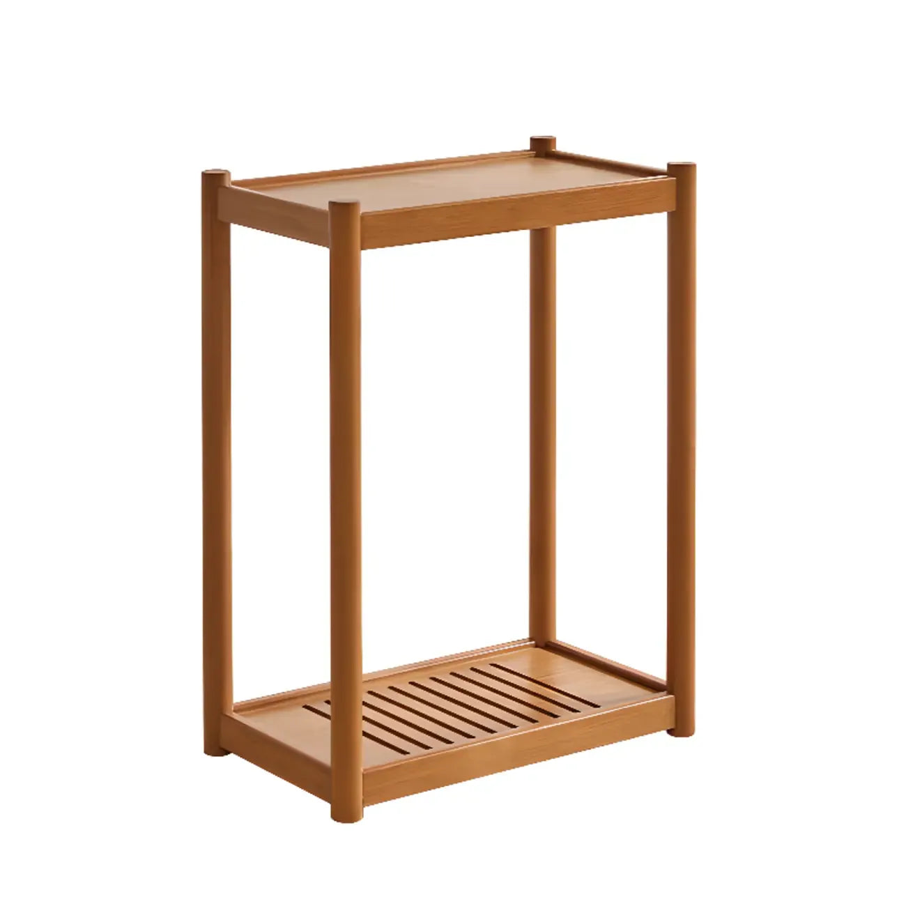 Table d'appoint minimaliste en bois marron à deux niveaux avec plateau et roulettes