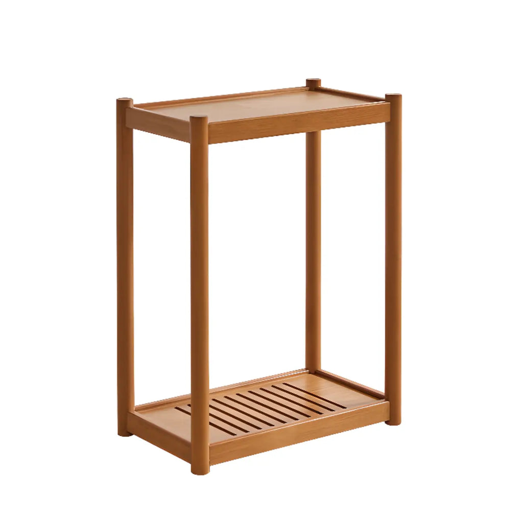 Table d'appoint minimaliste en bois marron à deux niveaux avec plateau et roulettes